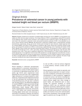 Original Article Prevalence of Colorectal Cancer in Young Patients with Isolated Bright Red Blood Per Rectum (BRBPR)