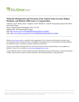 Molecular Phylogenetics and Taxonomy of the Andean Genus Lynchius Hedges, Duellman, and Heinicke 2008 (Anura: Craugastoridae) Author(S): Ana P