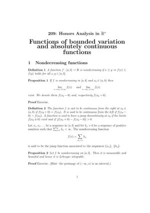 Functions of Bounded Variation and Absolutely Continuous Functions