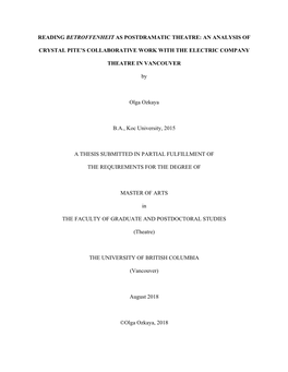 Reading Betroffenheit As Postdramatic Theatre: an Analysis of Crystal Pite's Collaborative Work with the Electric Company Thea