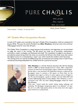 30Th Chablis Wine Competition Results; BIVB Chablis