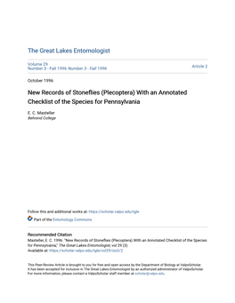 New Records of Stoneflies (Plecoptera) with an Annotated Checklist of the Species for Pennsylvania