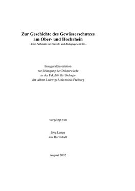 Zur Geschichte Des Gewässerschutzes Am Ober- Und Hochrhein - Eine Fallstudie Zur Umwelt- Und Biologiegeschichte