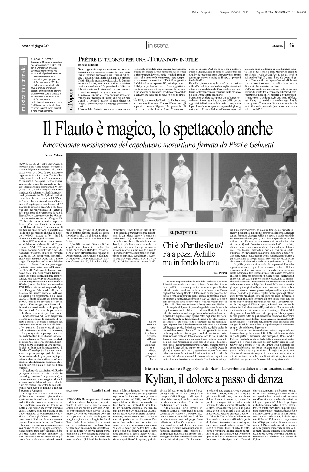 Kylian, Il Dolore a Passo Di Danza Blico L'esigenza Di Un Profondo Coinvolgi- Mento Negli Eventi Di Tamino E Pamina, Papageno E Papagena