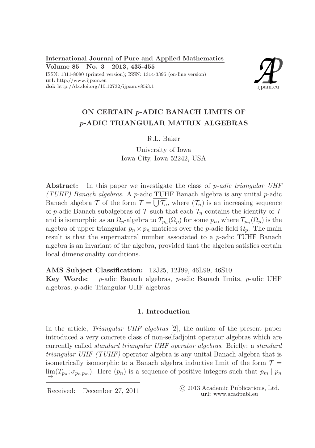 ON CERTAIN P-ADIC BANACH LIMITS of P-ADIC TRIANGULAR MATRIX ALGEBRAS