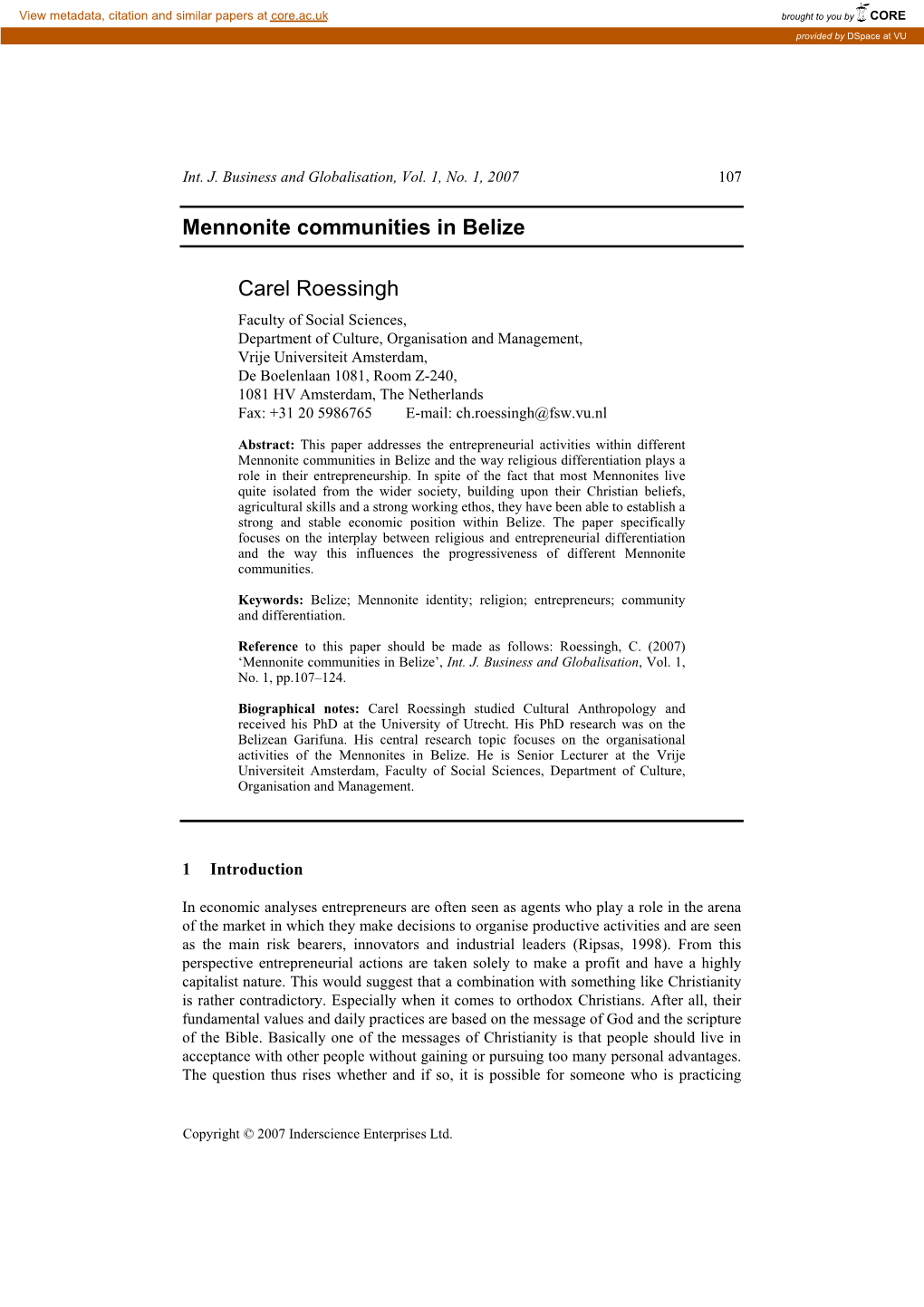 Mennonite Communities in Belize Carel Roessingh