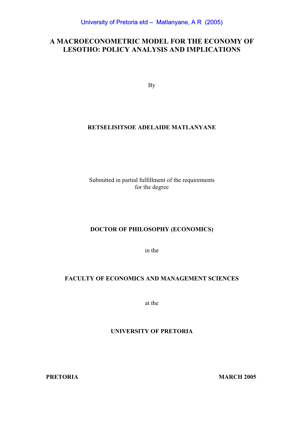 A Macroeconometric Model for the Economy of Lesotho: Policy Analysis and Implications