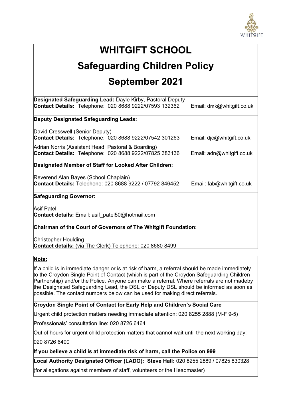 WHITGIFT SCHOOL Safeguarding Children Policy September 2020