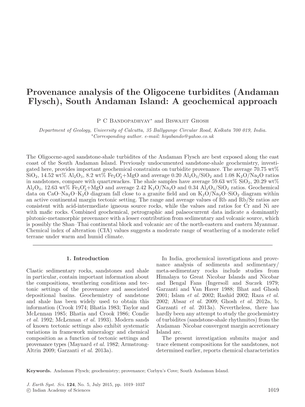 Andaman Flysch), South Andaman Island: a Geochemical Approach