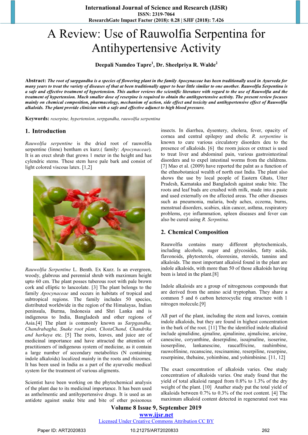 Use of Rauwolfia Serpentina for Antihypertensive Activity