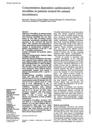 Concentration Dependent Cardiotoxicity of Terodiline in Patients Treated for Urinary Incontinence Br Heart J: First Published As 10.1136/Hrt.74.1.53 on 1 July 1995