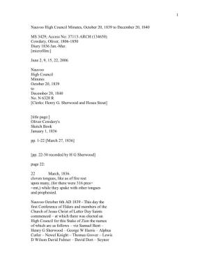 Nauvoo High Council Minutes, October 20, 1839 to December 20, 1840