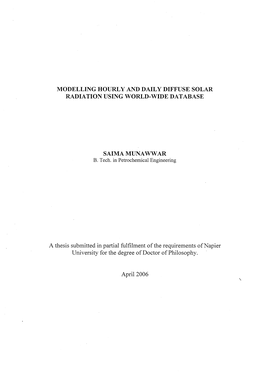 Modelling Hourly and Daily Diffuse Solar Radiation Using World-Wide Database Saima Muna Ww Ar