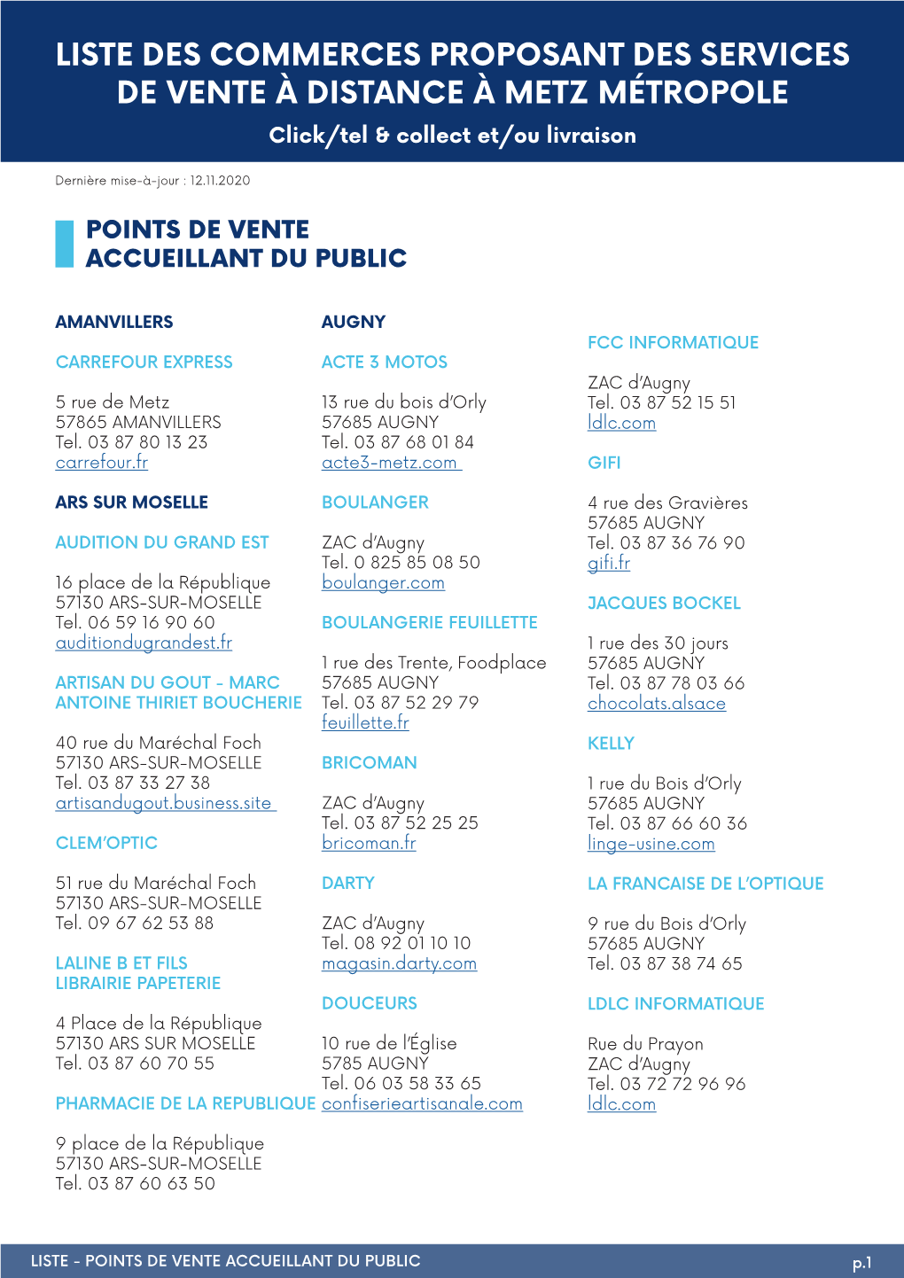 LISTE DES COMMERCES PROPOSANT DES SERVICES DE VENTE À DISTANCE À METZ MÉTROPOLE Click/Tel & Collect Et/Ou Livraison