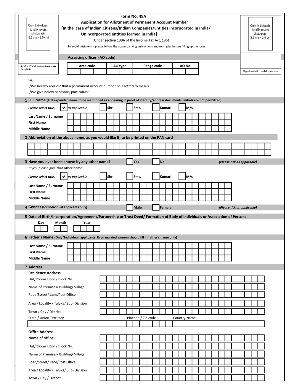 Form No. 49A Application for Allotment of Permanent Account