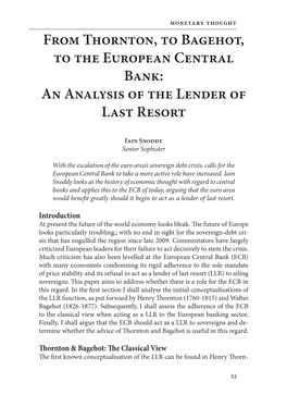 From Thornton, to Bagehot, to the European Central Bank: an Analysis of the Lender of Last Resort