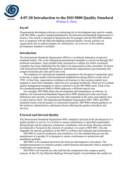 Introduction to the ISO 9000 Quality Standard William E