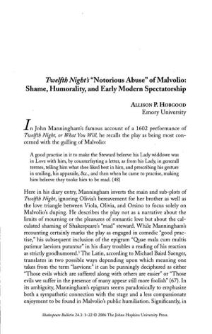 Twelfth Night's "Notorious Abuse" of Malvolio: Shame, Humorality, and Early Modern Spectatorship