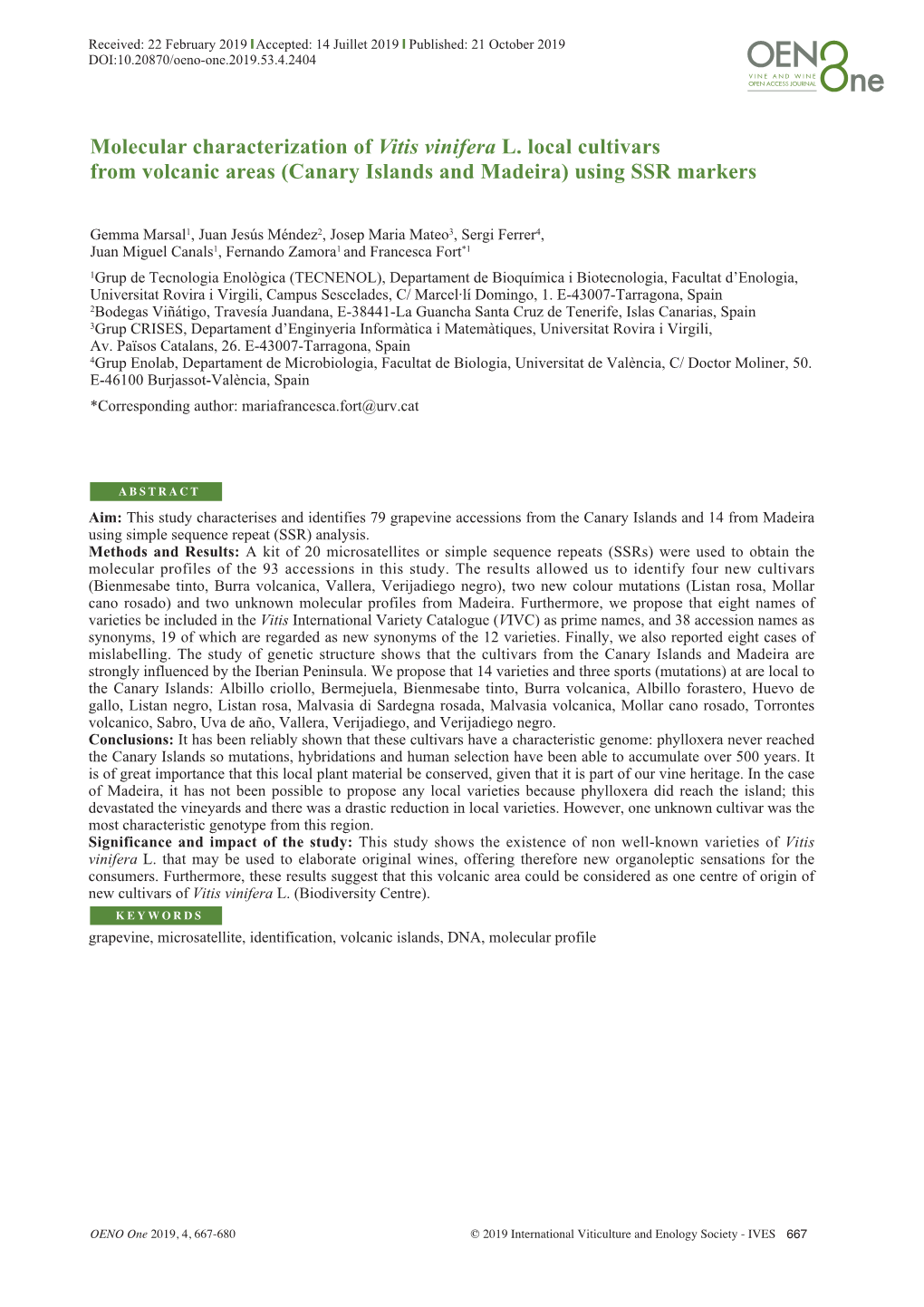 Molecular Characterization of Vitis Vinifera L. Local Cultivars from Volcanic Areas (Canary Islands and Madeira) Using SSR Markers