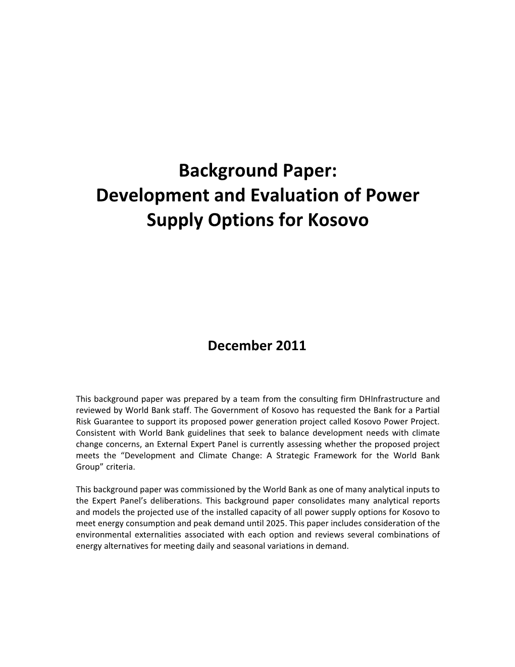 Development and Evaluation of Power Supply Options for Kosovo