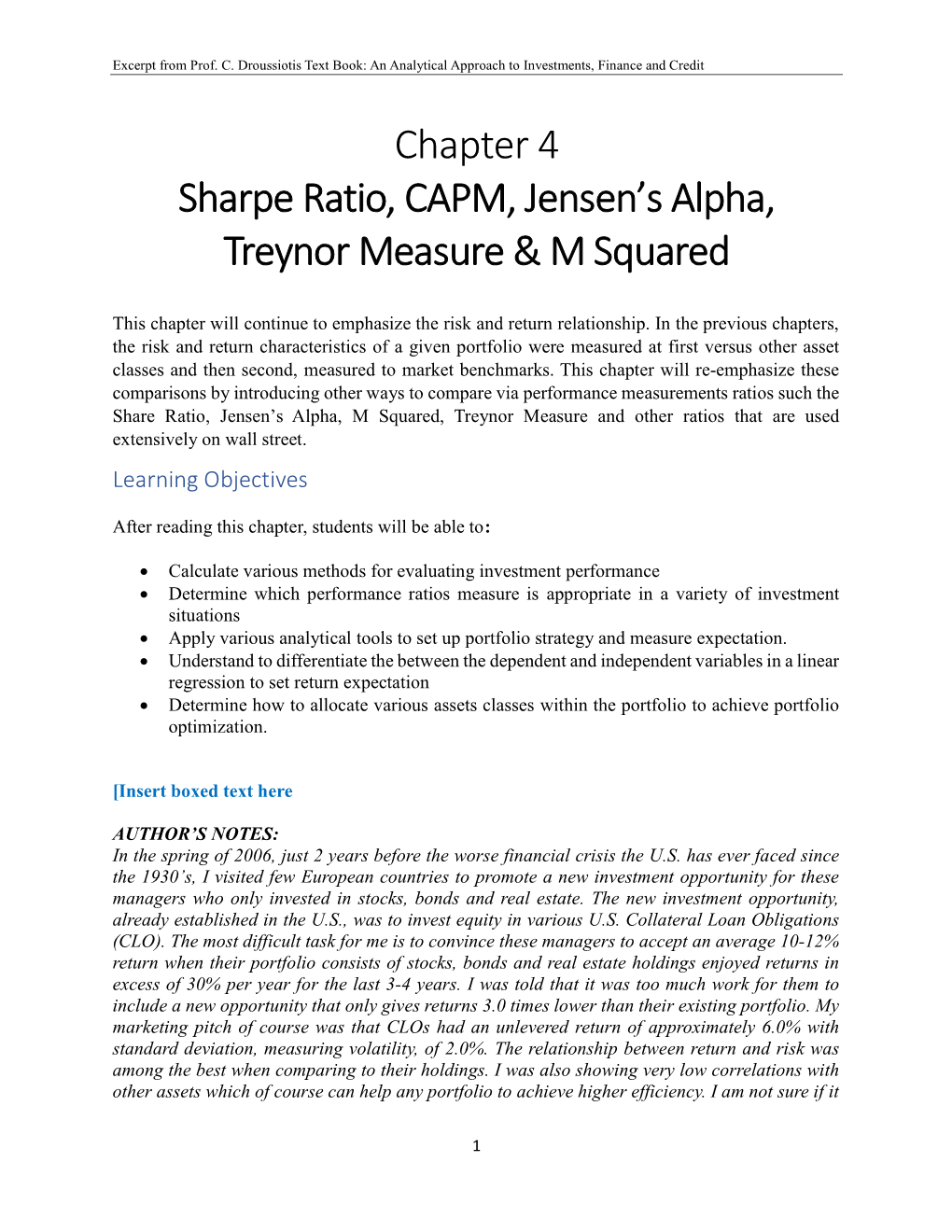 Chapter 4 Sharpe Ratio, CAPM, Jensen's Alpha, Treynor Measure