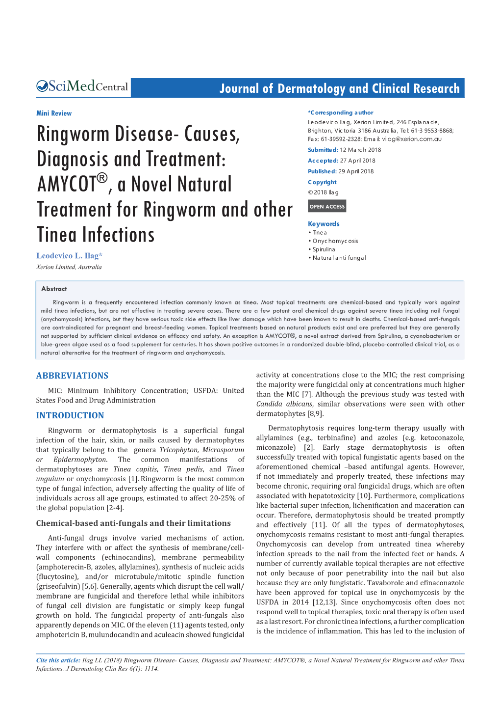 Ringworm Disease- Causes, Diagnosis and Treatment: AMYCOT®, a Novel Natural Treatment for Ringworm and Other Tinea Infections