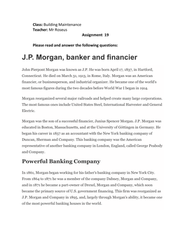 J.P. Morgan, Banker and Financier