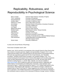 Replicability, Robustness, and Reproducibility in Psychological Science