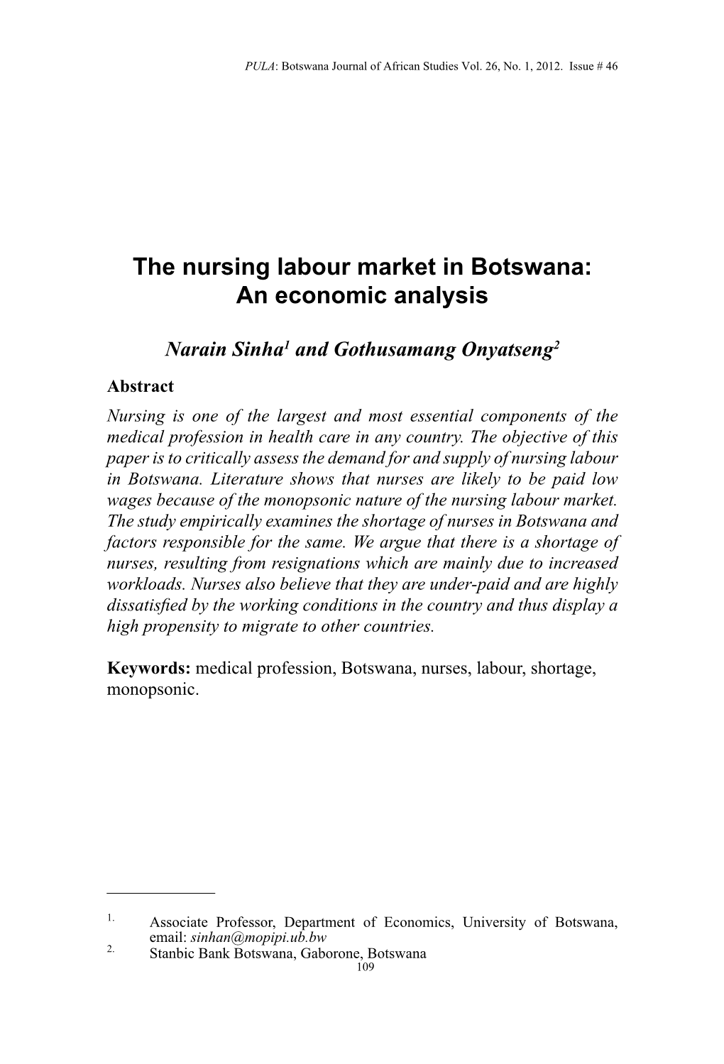 The Nursing Labour Market in Botswana: an Economic Analysis