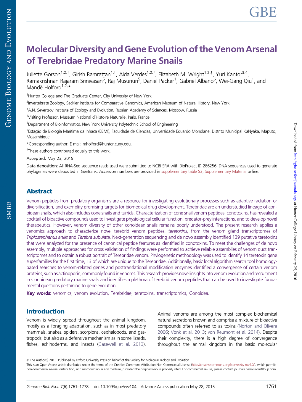 Molecular Diversity and Gene Evolution of the Venom Arsenal of Terebridae Predatory Marine Snails