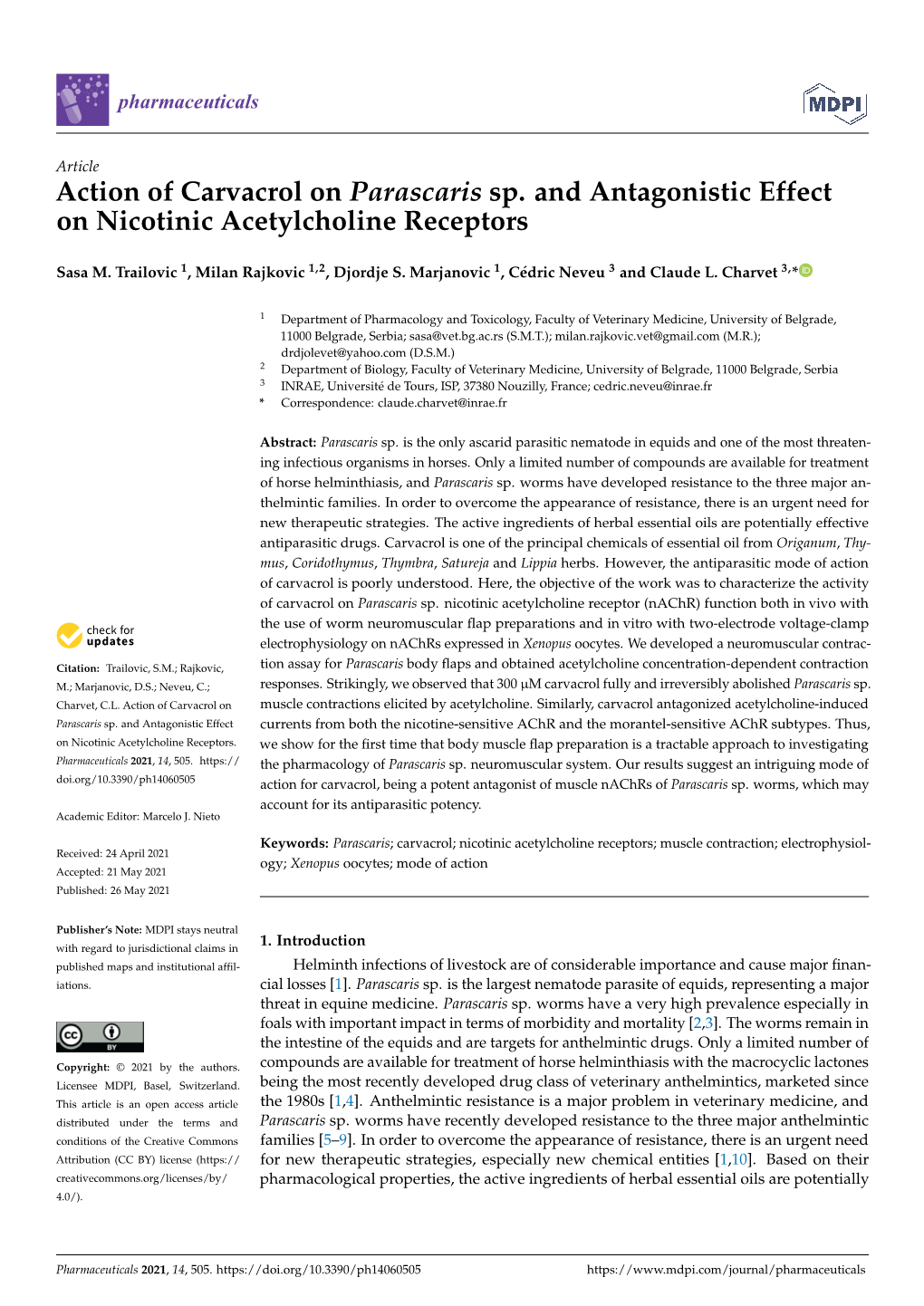 Action of Carvacrol on Parascaris Sp. and Antagonistic Effect on Nicotinic Acetylcholine Receptors