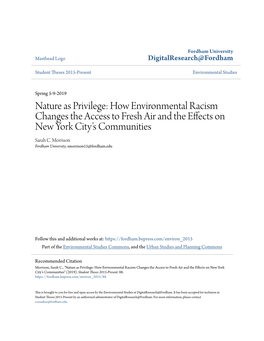 How Environmental Racism Changes the Access to Fresh Air and the Effects on New York City’S Communities Sarah C