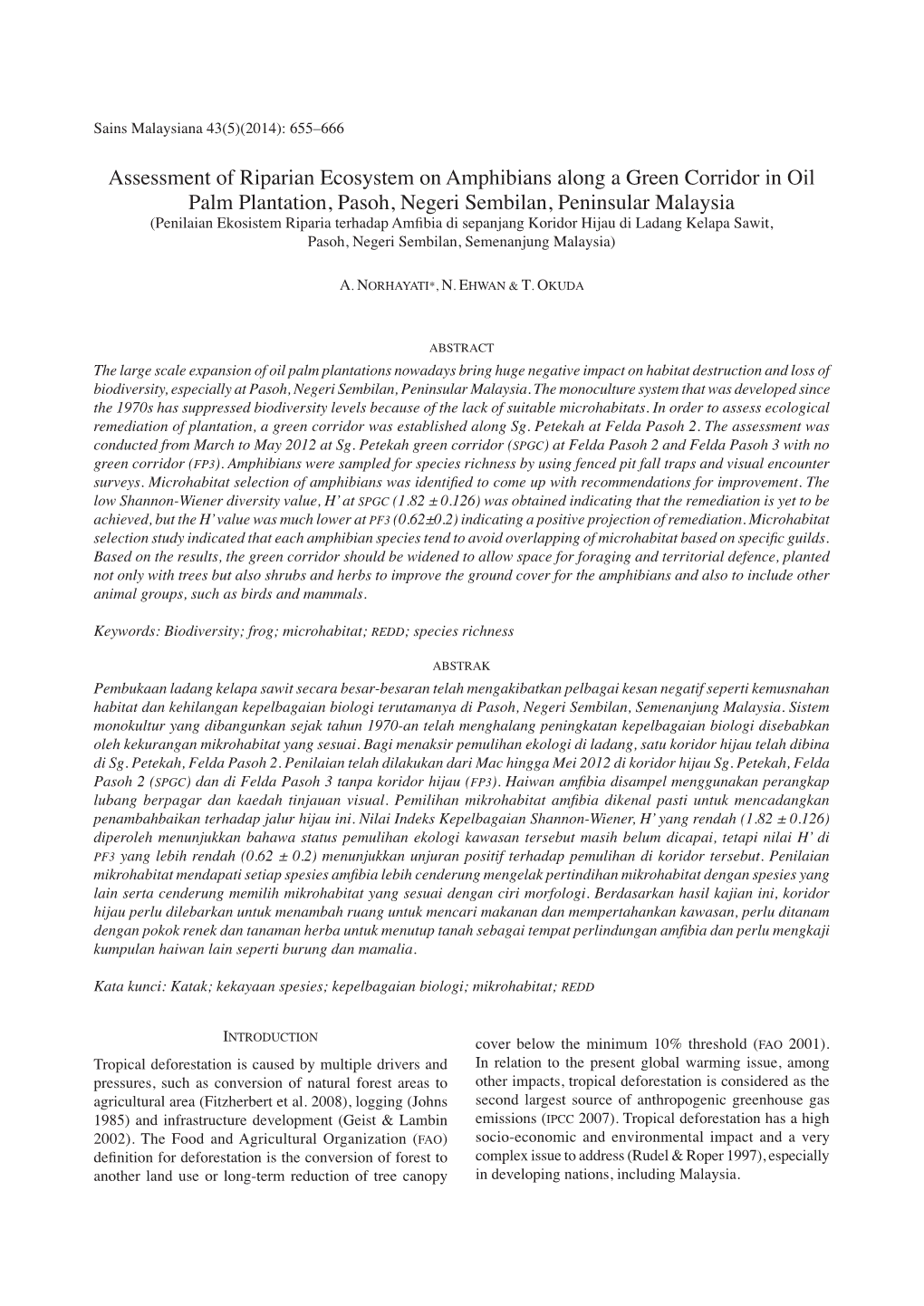 Assessment of Riparian Ecosystem on Amphibians Along a Green Corridor in Oil Palm Plantation, Pasoh, Negeri Sembilan, Peninsular