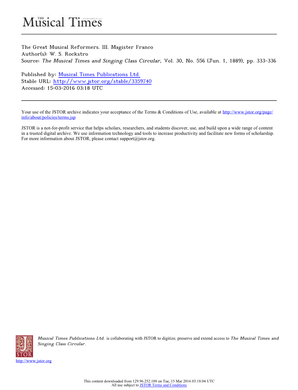 The Great Musical Reformers. III. Magister Franco Author(S): W. S. Rockstro Source: the Musical Times and Singing Class Circular, Vol