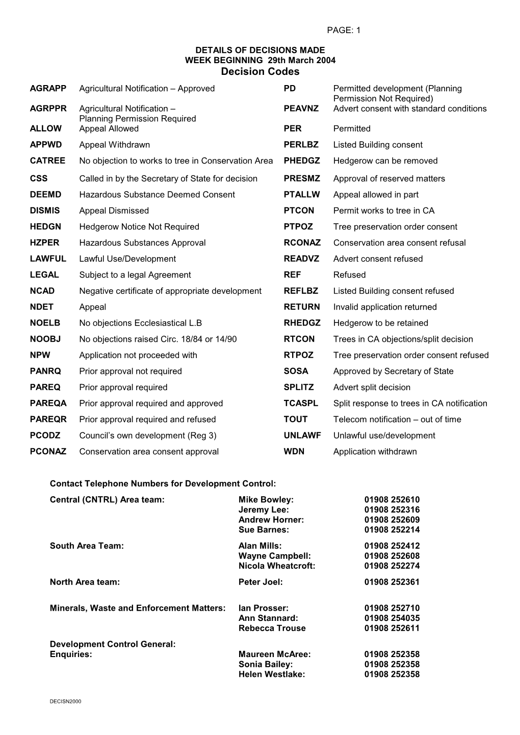 Decision Codes