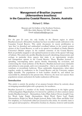 Management of Brazilian Joyweed (Alternanthera Brasiliana) in the Casuarina Coastal Reserve, Darwin, Australia