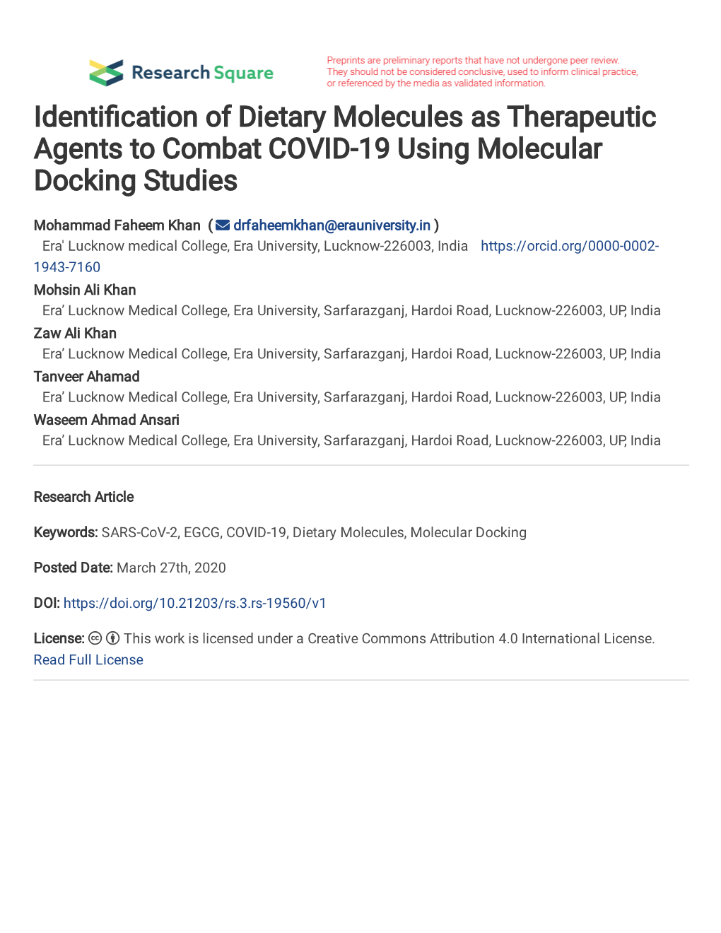 Identification of Dietary Molecules As Therapeutic Agents to Combat COVID-19 Using Molecular Docking Studies