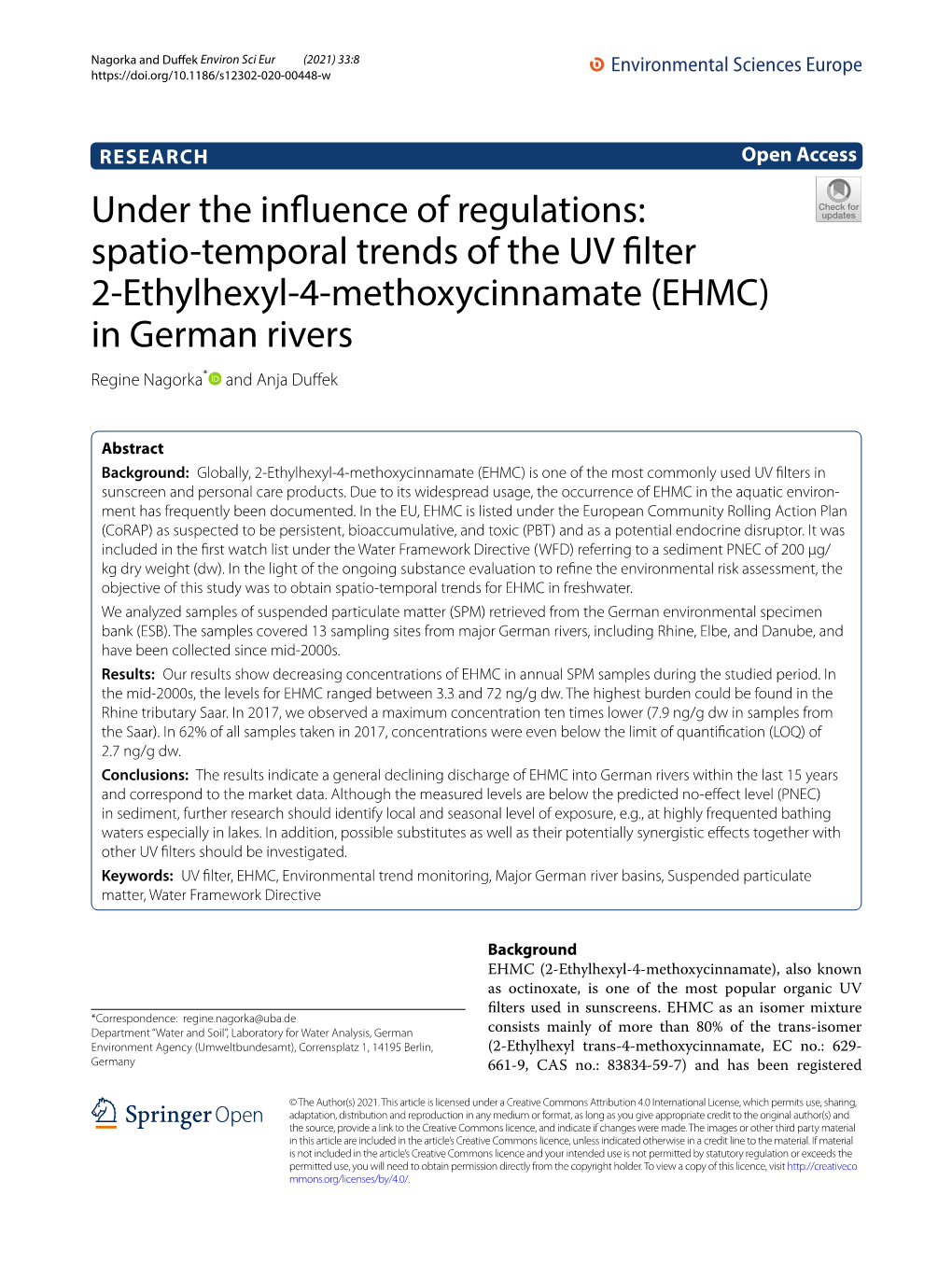 Spatio-Temporal Trends of the UV Filter 2-Ethylhexyl-4-Methoxycinnamate