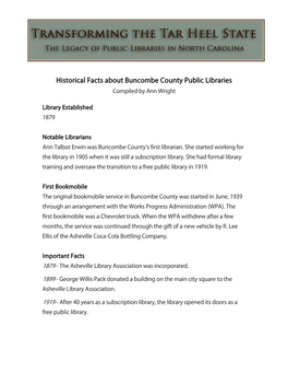 Historical Facts About Buncombe County Public Libraries Compiled by Ann Wright