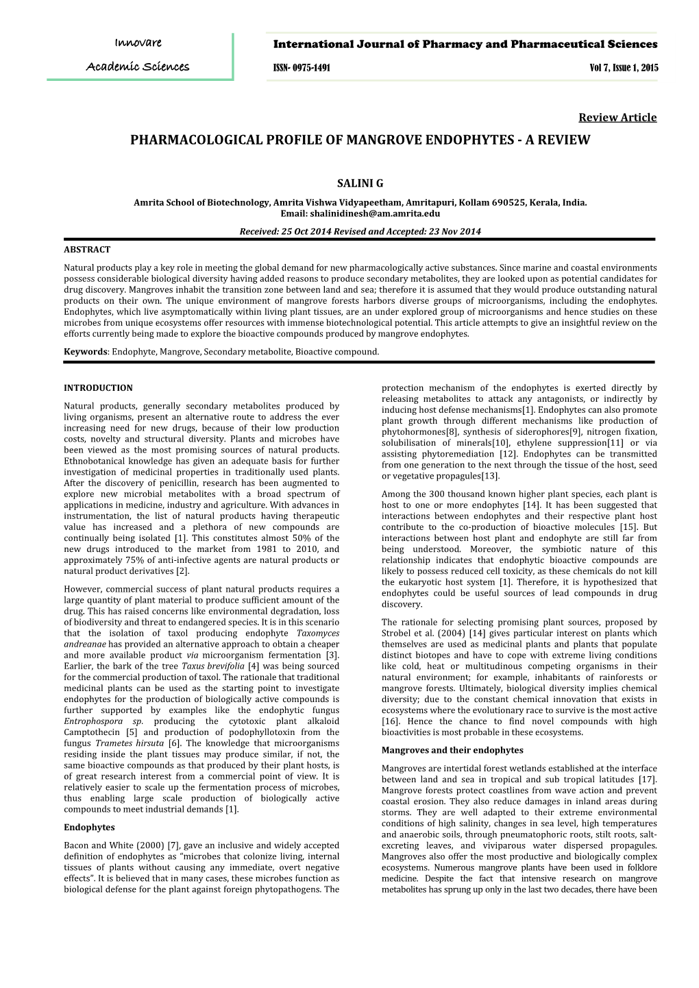 Pharmacological Profile of Mangrove Endophytes - a Review