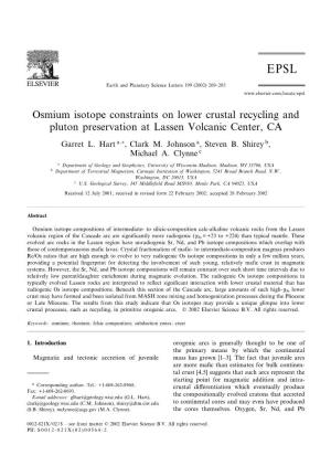 Osmium Isotope Constraints on Lower Crustal Recycling and Pluton Preservation at Lassen Volcanic Center, CA