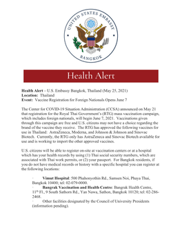 Health Alert – US Embassy Bangkok, Thailand (May 25, 2021)