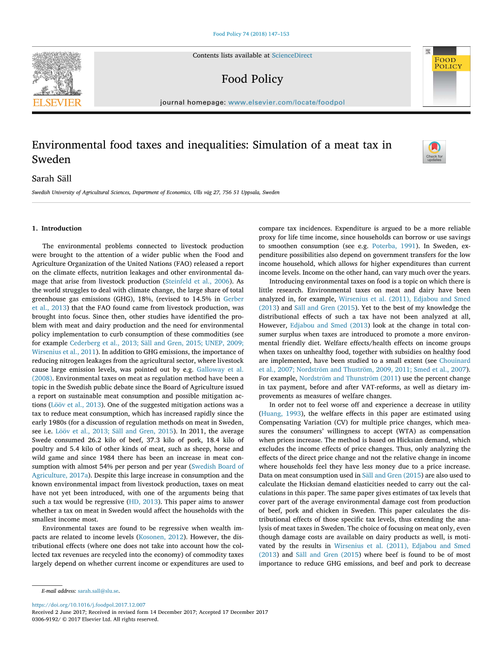 Environmental Food Taxes and Inequalities: Simulation of a Meat Tax in T Sweden