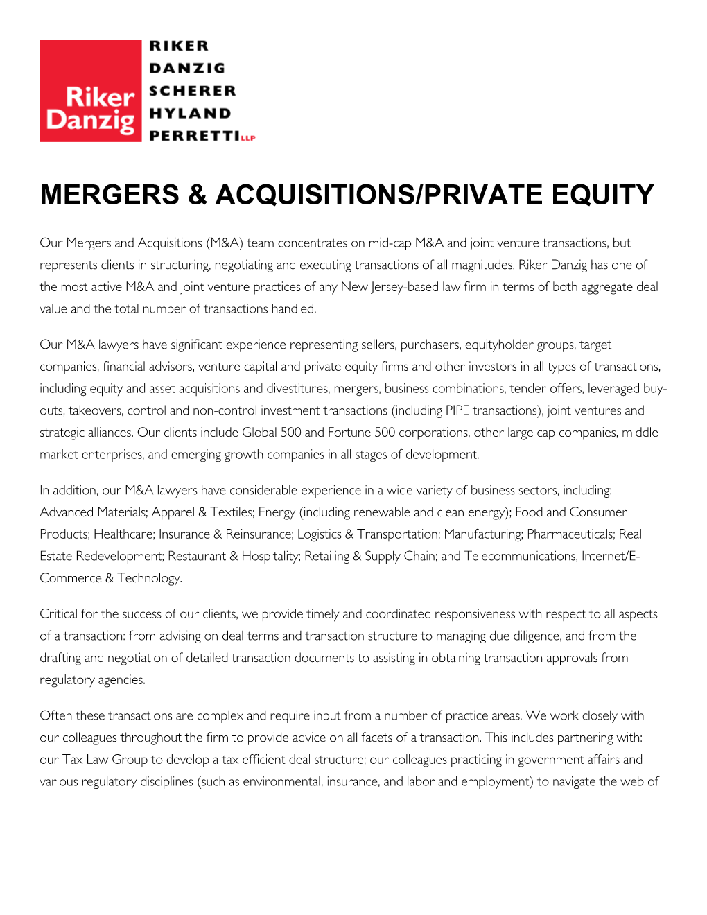 Mergers & Acquisitions/Private Equity