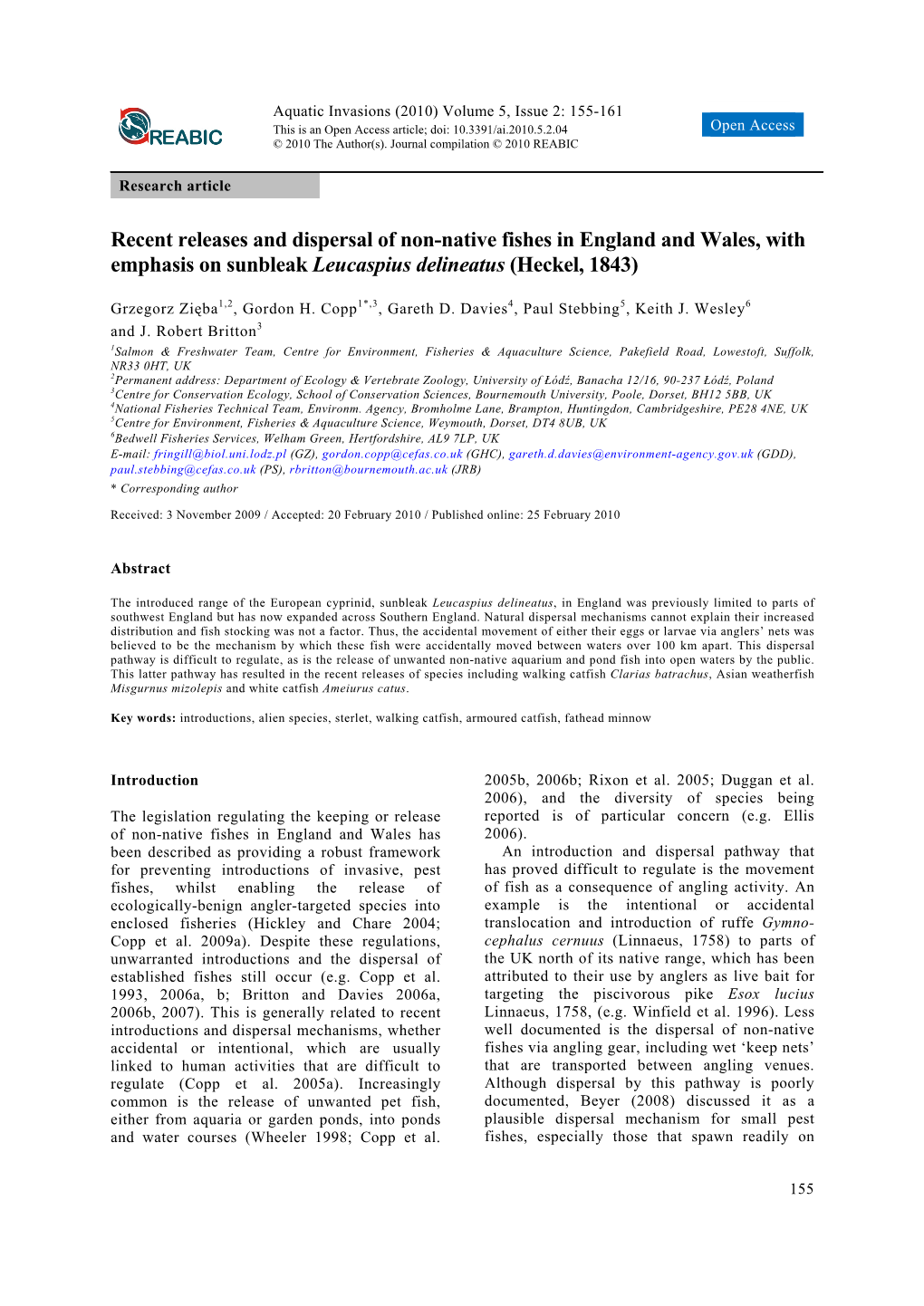 Recent Releases and Dispersal of Non-Native Fishes in England and Wales, with Emphasis on Sunbleak Leucaspius Delineatus (Heckel, 1843)