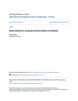 Marl SANDOZ's SLOGUM HOUSE GREED AS WOMAN