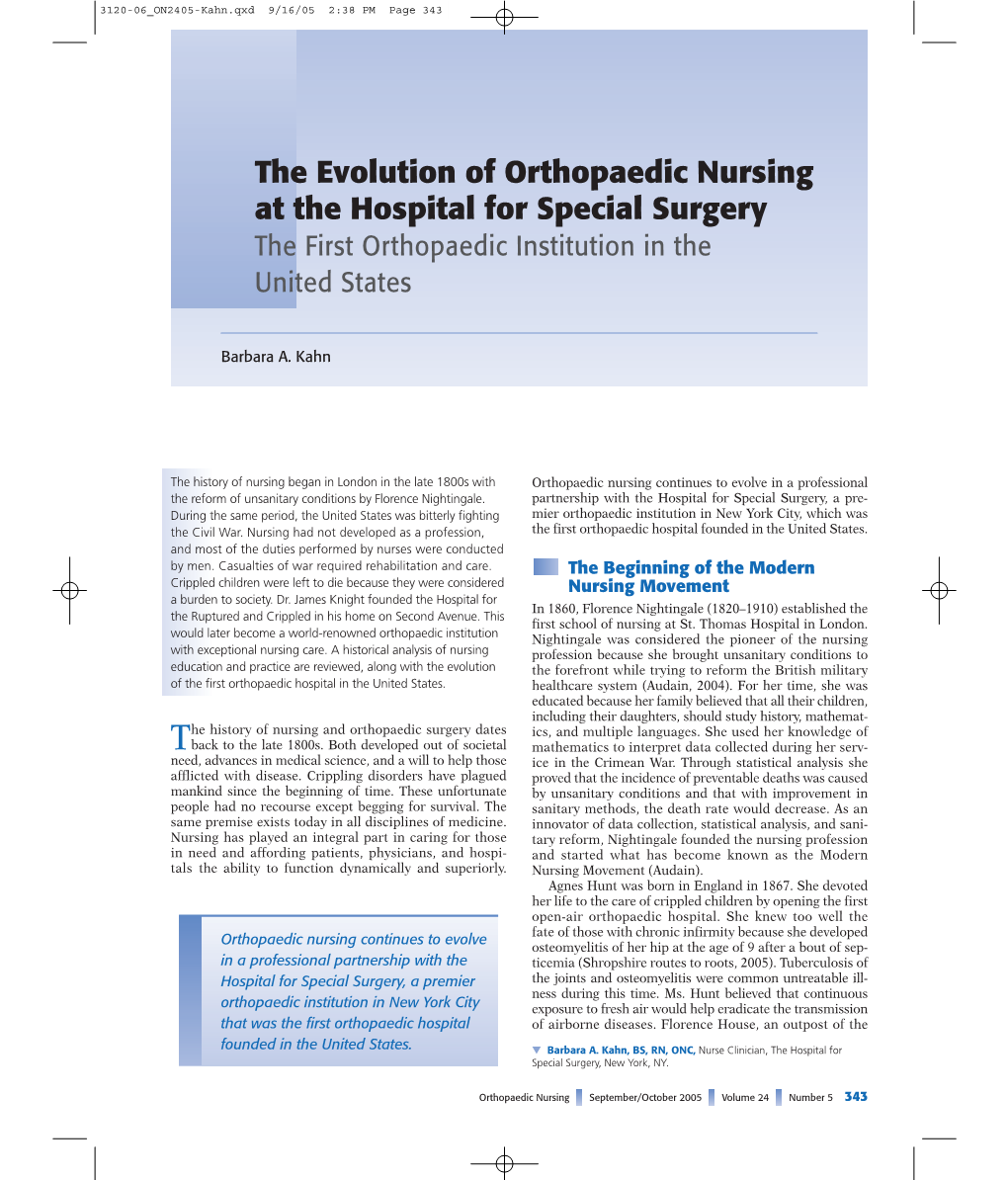 The Evolution of Orthopaedic Nursing at the Hospital for Special Surgery the First Orthopaedic Institution in the United States