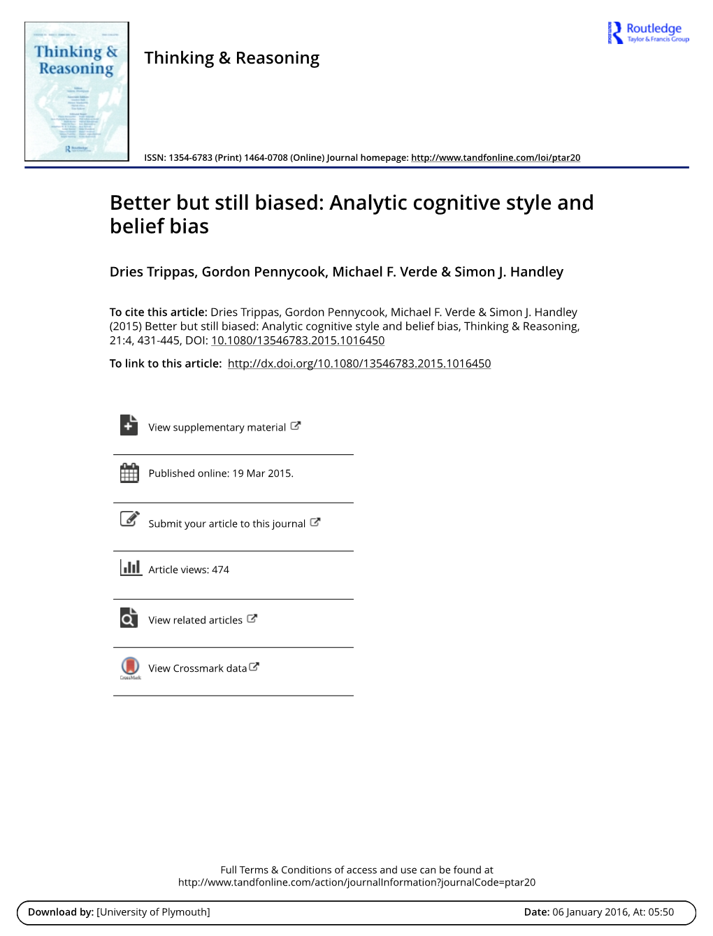 Better but Still Biased: Analytic Cognitive Style and Belief Bias