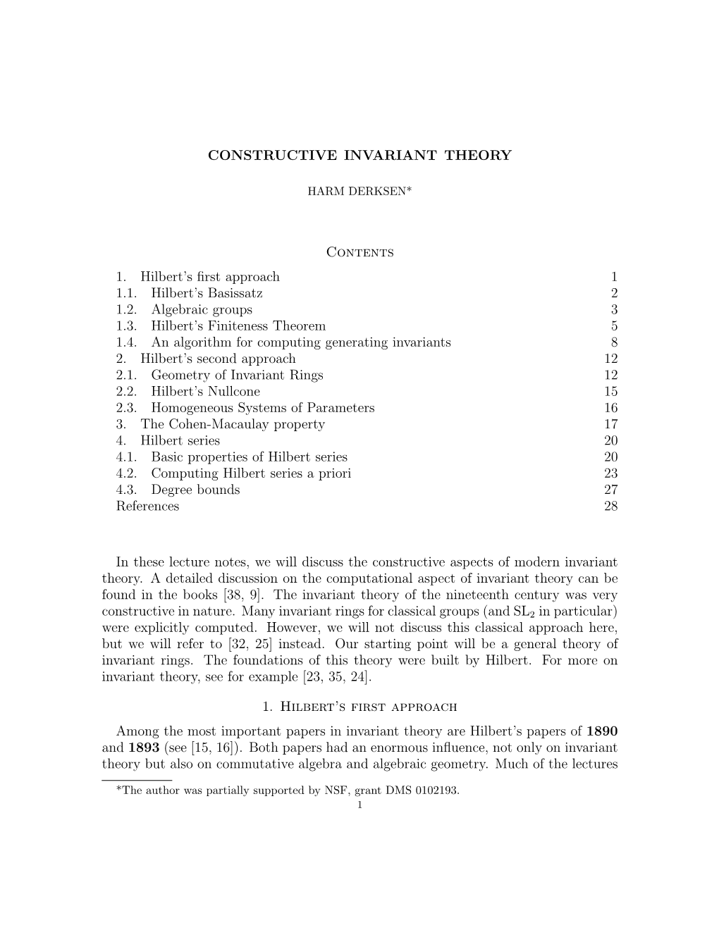 CONSTRUCTIVE INVARIANT THEORY Contents 1. Hilbert's First