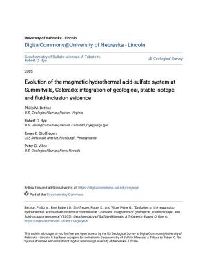 Evolution of the Magmatic-Hydrothermal Acid-Sulfate System at Summitville, Colorado: Integration of Geological, Stable-Isotope, and Fluid-Inclusion Videncee